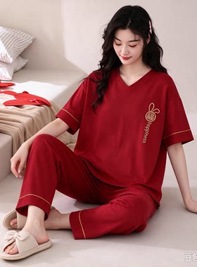 睡衣女半袖纯棉夏季大码女款短袖长裤V领红色可外穿全棉家居服薄
