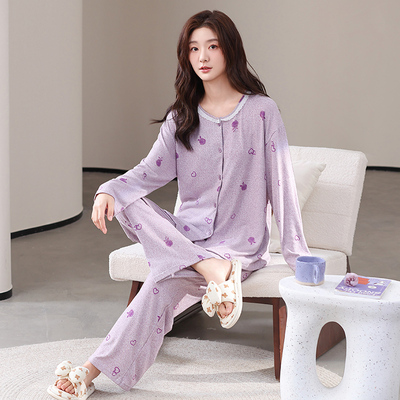 羊绒睡衣女长袖圆领开衫中年秋冬