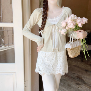 Dear 百搭长袖 绑带设计假两件上衣女甜美修身 T恤 春野花涧