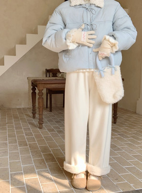 【Dear YN】加绒加厚羊羔绒保暖高腰抽绳垂感阔腿裤拖地裤女冬新