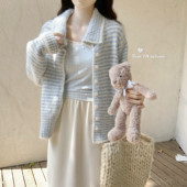 Dear 软糯糯绒感韩系翻领条纹毛衣外套宽松长袖 针织衫 女秋