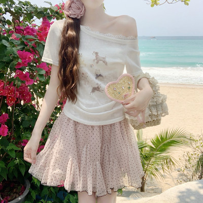 【DearYN】斜肩减龄小狗短袖T恤