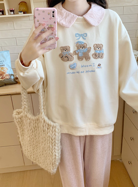 【Dear YN】温柔甜美奶油色系小熊套头宽松长袖卫衣女秋慵懒上衣