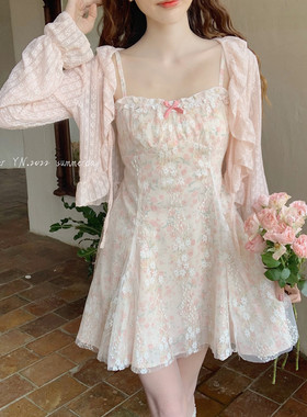 【Dear YN】温柔风 甜美仙气蕾丝网纱拼接碎花短款吊带裙仙女裙新
