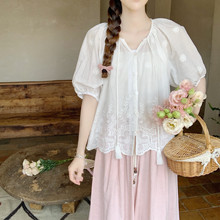 【Dear YN】重工刺绣 镂空圆领系带蕾丝棉麻泡泡袖上衣短袖衬衫女