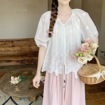 【DearYN】蕾丝镂空棉麻短袖衫