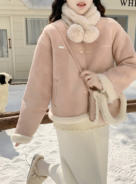 【Dear YN】圆领羊羔毛外套女配包包甜美减龄皮毛一体皮草上衣冬