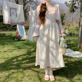 Dear 温柔风 油画玫瑰丝带花边碎花吊带裙收腰中长款 连衣裙