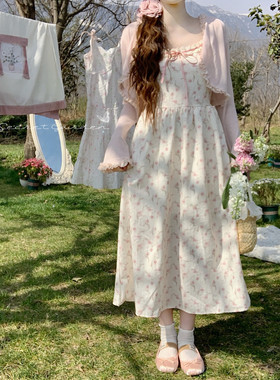 【Dear YN】温柔风 油画玫瑰丝带花边碎花吊带裙收腰中长款连衣裙