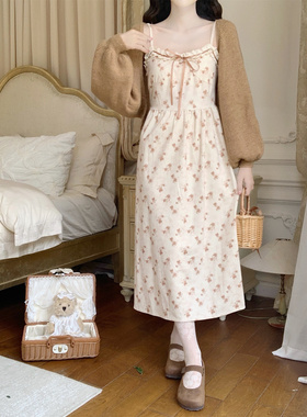 【Dear YN】温柔风 法式碎花灯芯绒吊带裙中长款连衣裙秋冬长裙女