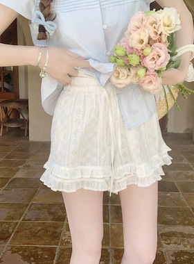 【Dear YN】甜美减龄蕾丝花边白色短裤女夏松紧腰宽松外穿休闲裤