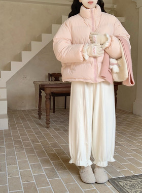 【Dear YN】韩系加绒加厚花苞裤含羊毛木耳边阔腿裤花边休闲长裤