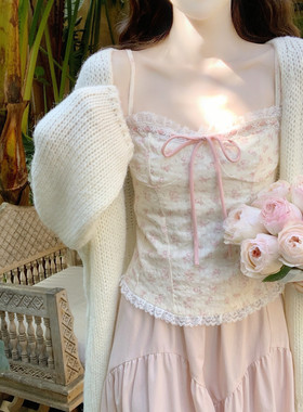 【Dear YN】春日新款 多色碎花蕾丝方领系带吊带背心甜美无袖上衣