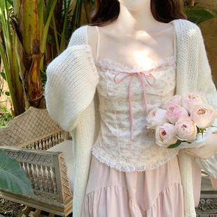 多色碎花蕾丝方领系带吊带背心甜美无袖 春日新款 上衣 Dear