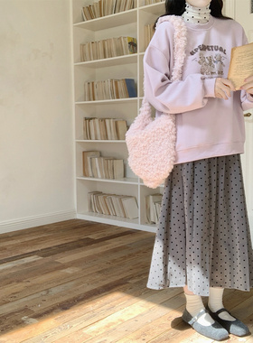 【Dear YN】韩系简约复古波点百褶半身裙显瘦中长款A字长裙女秋