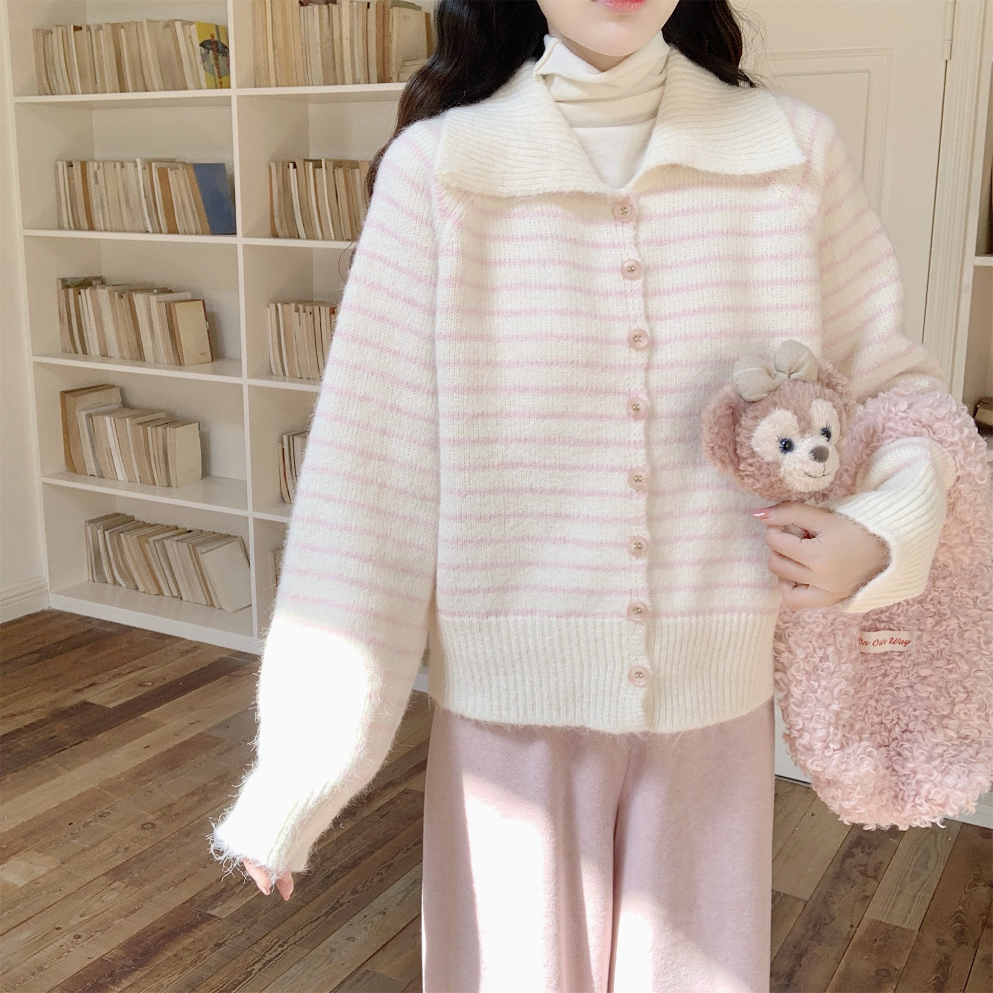 【DearYN】韩系粉条纹针织开衫