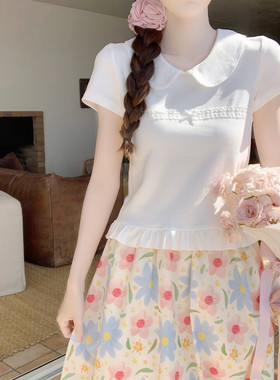 【Dear YN】夏日甜心 娃娃领花边短袖女纯欲修身显瘦纯棉正肩上衣