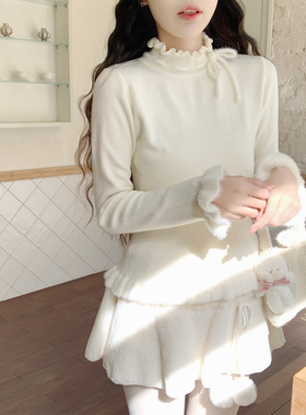 【Dear YN】温柔百搭系带木耳边半高领针织打底衫长袖内搭上衣女