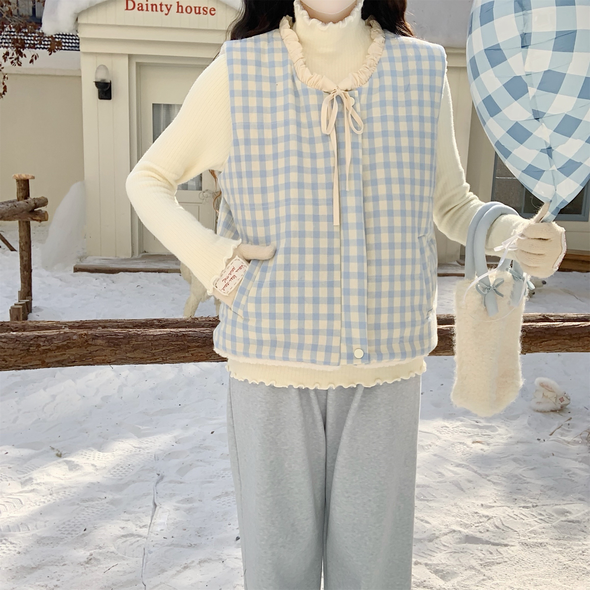 【DearYN】系带花边羊羔毛马甲