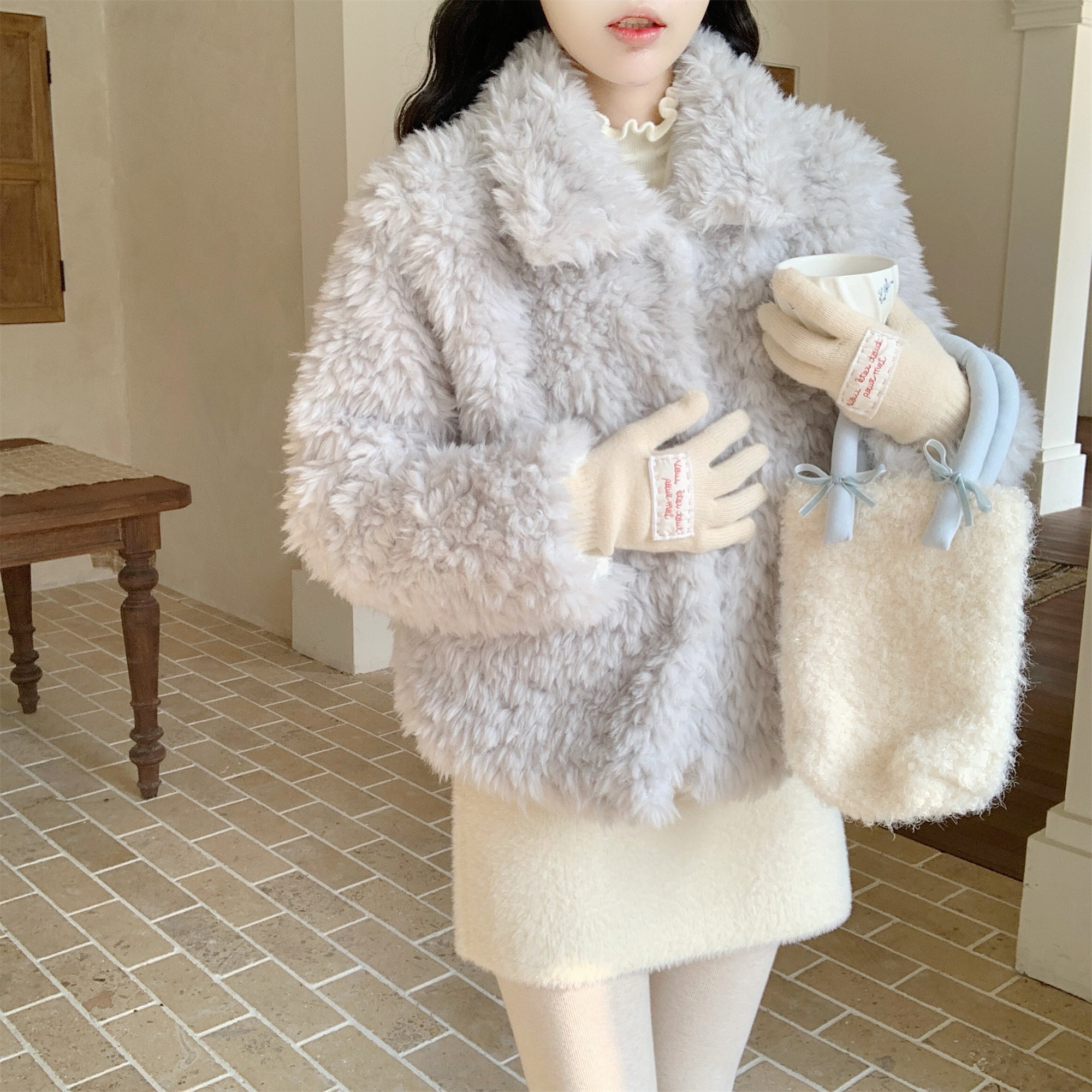 【DearYN】韩系翻领毛毛外套女