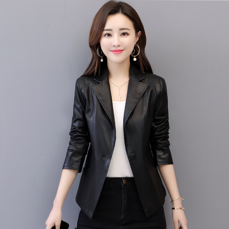 春季新款海宁皮衣女外套短款修身显瘦女士小皮夹克西装领宽松大码