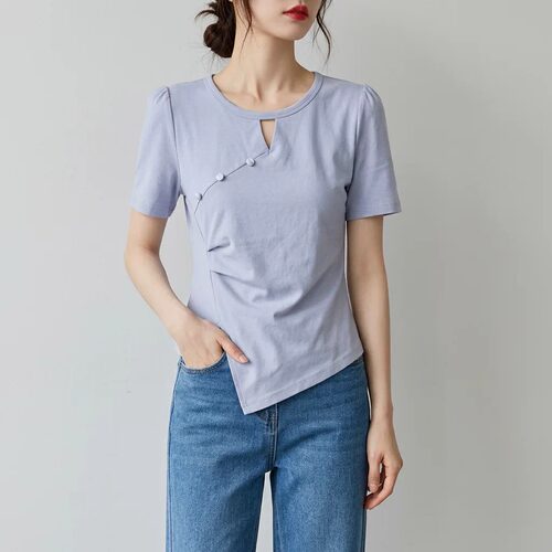 2026夏装新款胖mm大码女时尚新中式镂空不规则短袖T恤