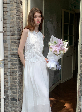 ZHUYIYI 白色蕾丝苎麻拼接无袖连衣裙女夏新款原创设计收腰显瘦