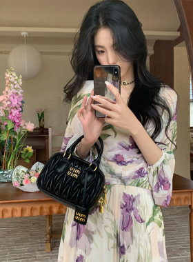 ZHUYIYI 方领紫色碎花连衣裙女春长袖收腰显瘦法式露背度假雪纺裙