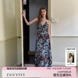 ZHUYIYI 茶歇系碎花细吊带连衣裙女夏长裙收腰显瘦新款简约修身