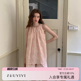 简约原创设计 ZHUYIYI 新款 蕾丝刺绣宽松显瘦上衣女夏短裤 套装