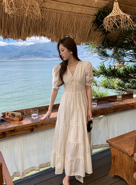 ZHUYIYI 度假风白色V领收腰法式连衣裙女夏气质收腰长裙