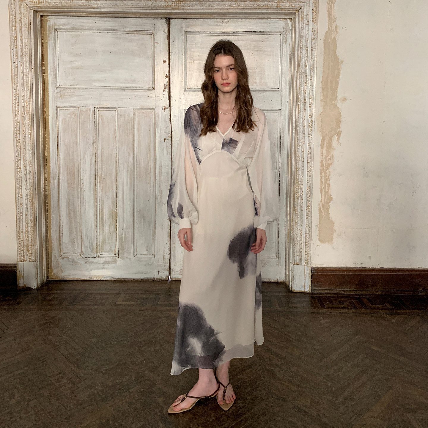 ZHUYIYI 早春新款法式印花显瘦长袖春季连衣裙女款简约收腰长裙