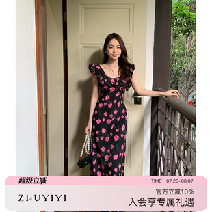 2025新款 ZHUYIYI 优雅黑色碎花木耳边方领印花收腰连衣裙女长裙