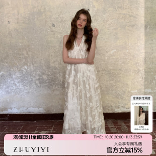 ZHUYIYI 醋酸白色挂脖无袖薄纱连衣裙女夏显瘦度假长裙露背性感