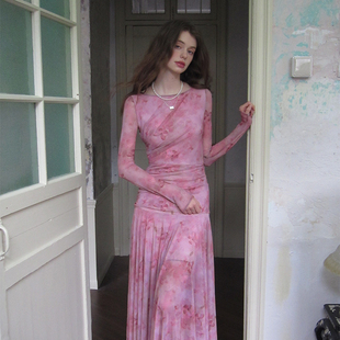 ZHUYIYI 蝴蝶印花 长袖收腰网纱薄纱春季连衣裙女长裙新款早春