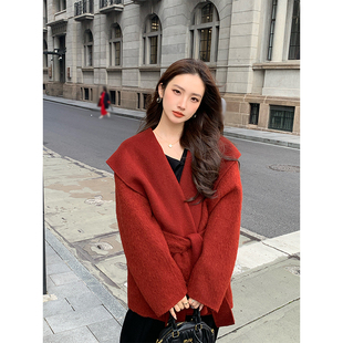 红色连帽系带羊驼毛双面羊绒大衣女2025冬短款宽松羊毛毛呢外套