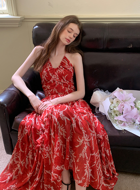 ZHUYIYI 新款碎花吊带连衣裙女夏露背长裙显瘦红色V领度假高级感