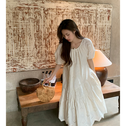 ZHUYIYI 2024年夏季新款米白色圆领宽松刺绣系带蕾丝连衣裙女显瘦