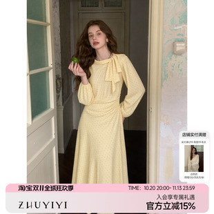 ZHUYIYI 新款黄色波点蝴蝶结秋季长袖连衣裙女薄纱长裙原创设计