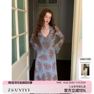 ZHUYIYI 复古新款高级感秋季长袖连衣裙女印花喇叭袖修身显瘦长裙