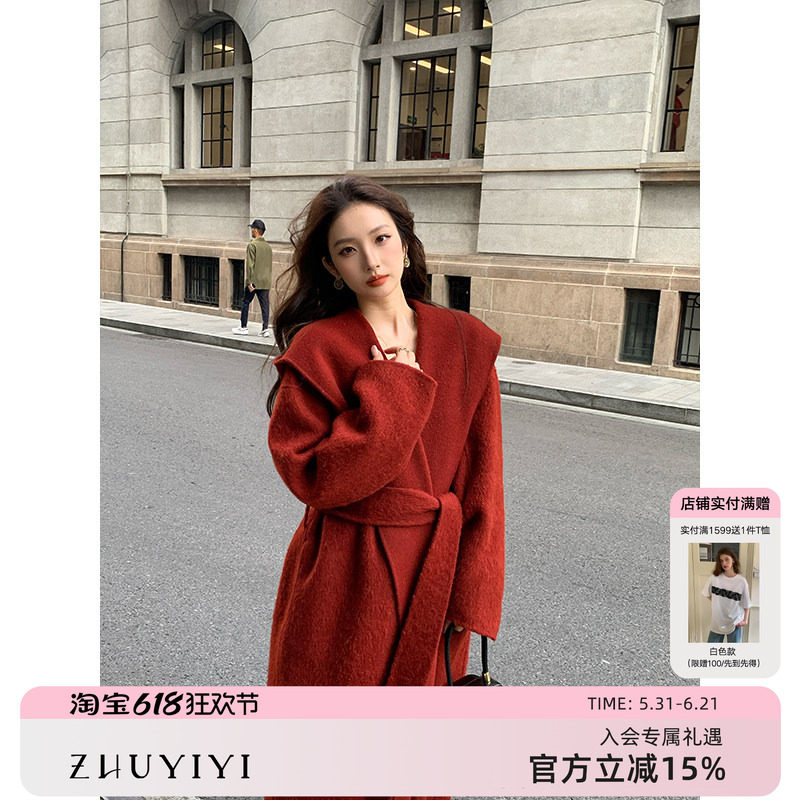 安哥拉红色连帽系带双面羊绒大衣女2025冬气质宽松羊驼毛毛呢外套