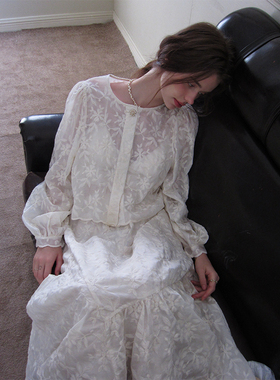 ZHUYIYI 白色刺绣长袖蕾丝衫上衣+半身长裙套装女早秋简约新款