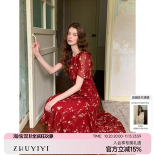 ZHUYIYI 高级感中袖红色印花法式掐腰连衣裙女收腰薄纱设计感长裙