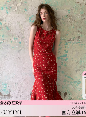 ZHUYIYI 新款高级感红色碎花背心式连衣裙女夏收腰显瘦原创设计