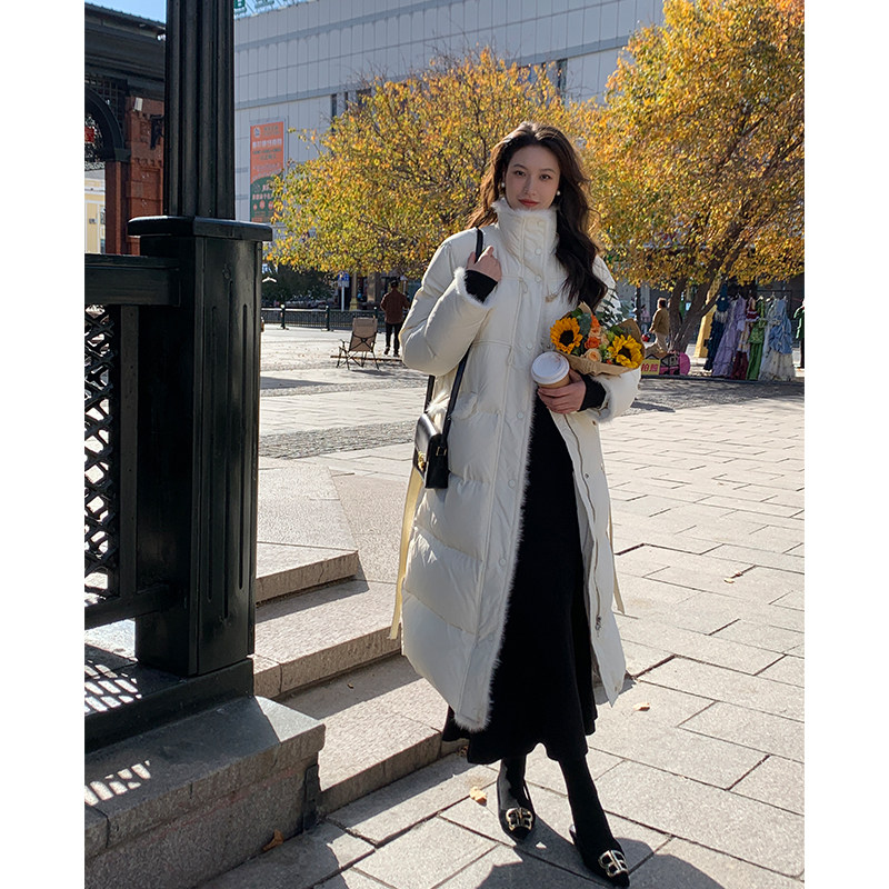 ZHUYIYI 白色水貂毛过膝长款90大白鹅绒加厚保暖秋冬羽绒服女外套