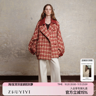 ZHUYIYI 新款红色羊毛格子宽松大衣外套女高级感短款修身显瘦