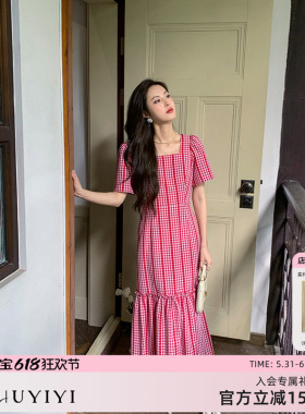 ZHUYIYI 法式红色格子方口领连衣裙