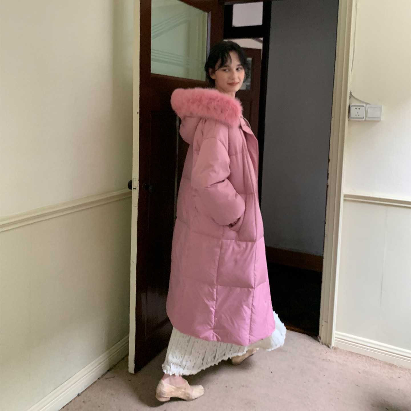 ZHUYIYI粉色秋冬狐狸毛领羽绒服