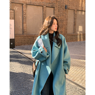 ZHUYIYI 蓝色长款高端双面呢大衣女2025秋冬新款系带毛呢外套