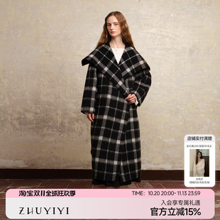 ZHUYIYI 大翻领格子手工双面羊绒大衣女秋冬高级感中长款毛呢外套
